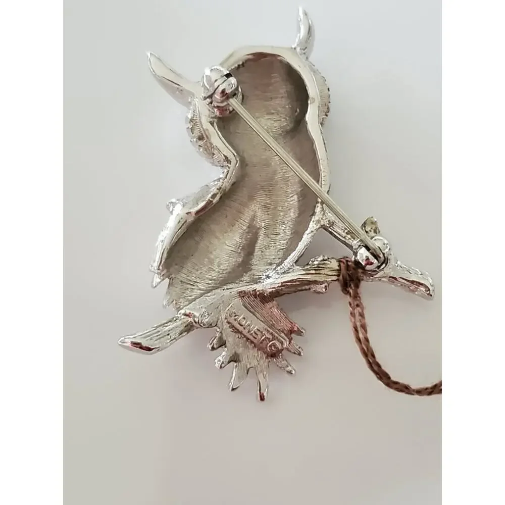 Vintage Monet Designer Silver Brushed Owl Brooch